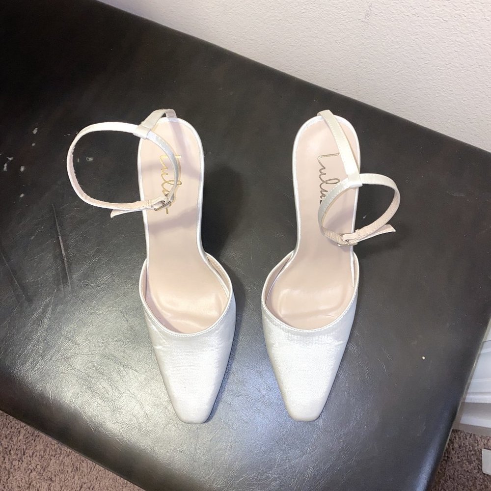 Glundy White Satin Ankle Strap Pointed-Toe Pumps